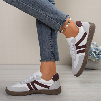 Дамски спортни обувки PU горнище, кръгъл нос, връзки, нисък връх, дишаща мрежеста подплата, гумена подметка