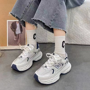 Дамски обувки с дебела подметка – PU горна част, мрежеста подплата, гумена подметка, връзки, нисък профил