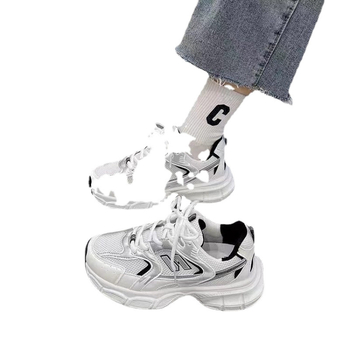 Дамски обувки с дебела подметка – PU горна част, мрежеста подплата, гумена подметка, връзки, нисък профил