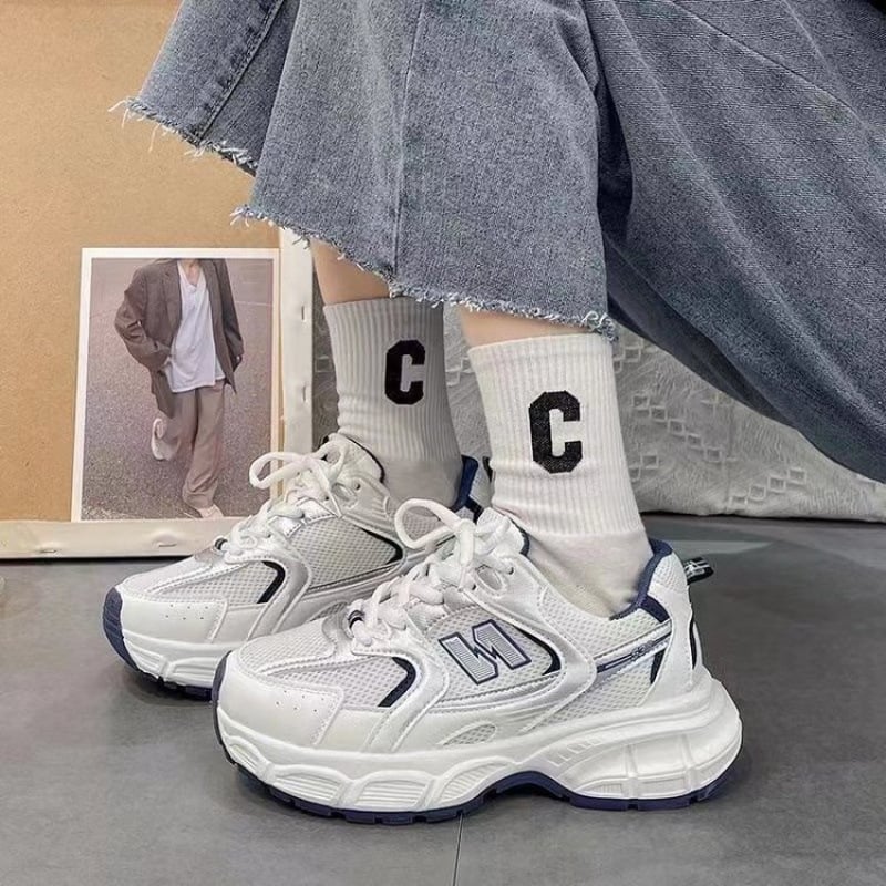 Дамски обувки с дебела подметка – PU горна част, мрежеста подплата, гумена подметка, връзки, нисък профил