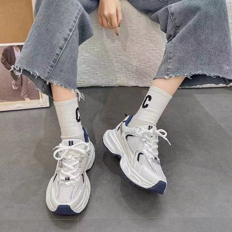 Дамски обувки с дебела подметка – PU горна част, мрежеста подплата, гумена подметка, връзки, нисък профил