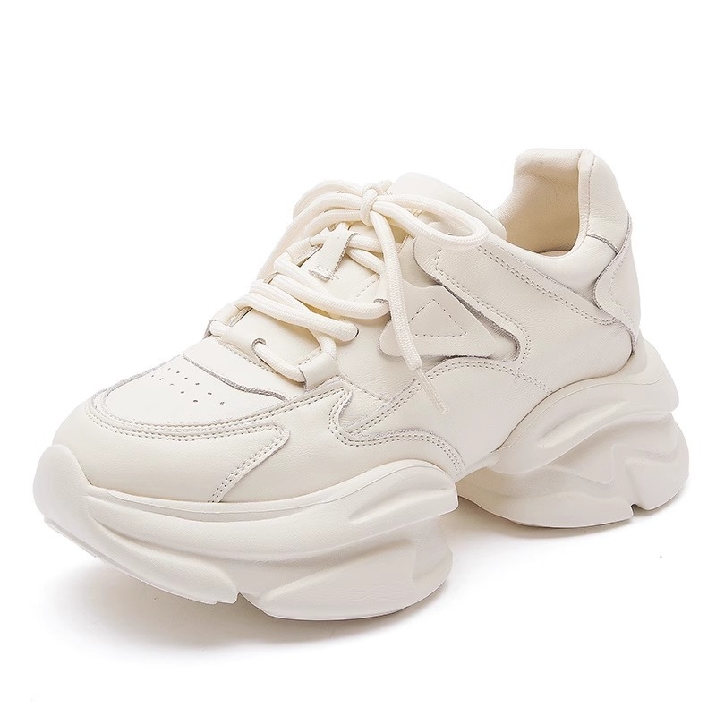 Ženské tenisky v korejskom štýle dad sneakers z hovädzej kože, hrubá platforma 6-8 cm, okrúhla špička, gumová podrážka, vnútro z mikrovlákna