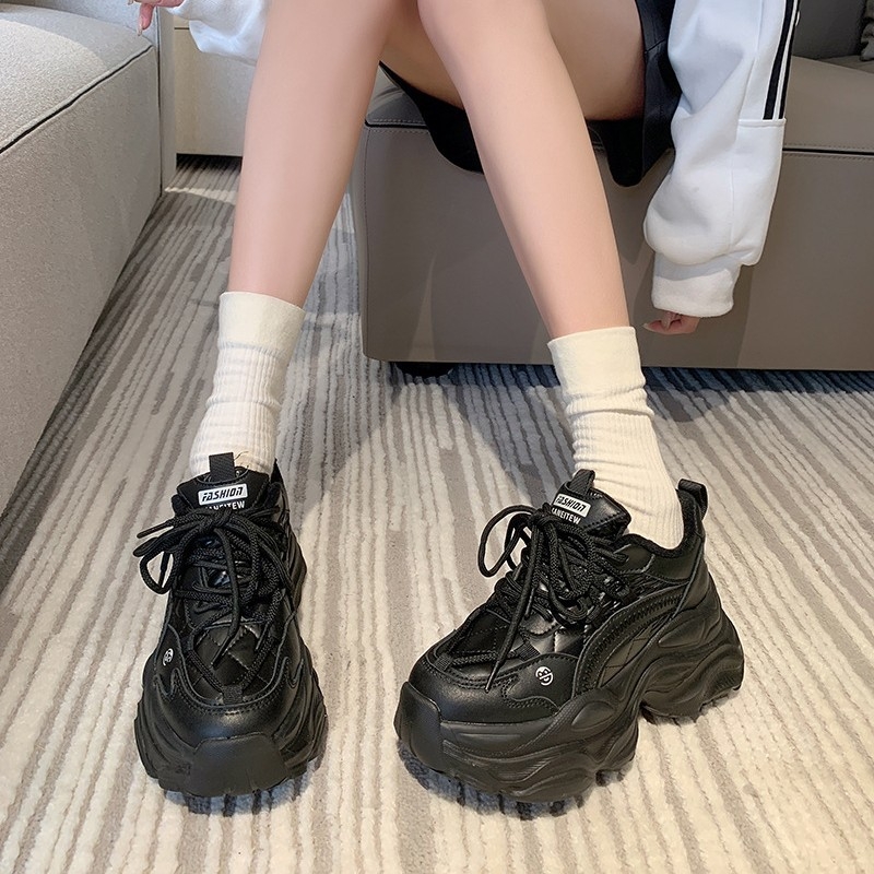 Adidași sport din plasă pentru femei, respirabili, talpă groasă pentru creșterea înălțimii, închidere cu șireturi în față