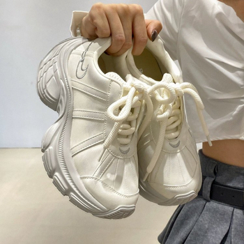 Pantofi sport femei cu platformă și șireturi, din piele sintetică respirabilă, talpă din cauciuc, toc 3-5 cm