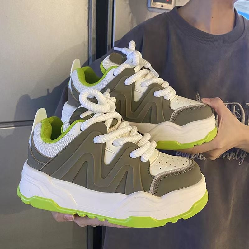 Unisex kasdieniai sportbačiai Harajuku stiliaus su stora padu, mikropluošto viršus, PU vidurinė padanga, anti-slip gumos pada, raištelių užsegimas