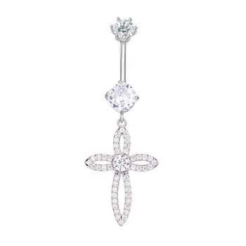 Inel de piercing pentru buric cu cruce din zircon micro-incrustat, oțel inoxidabil 316L, stil zână, design geometric