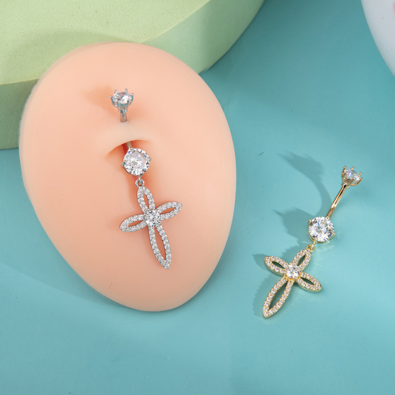 Inel de piercing pentru buric cu cruce din zircon micro-incrustat, oțel inoxidabil 316L, stil zână, design geometric