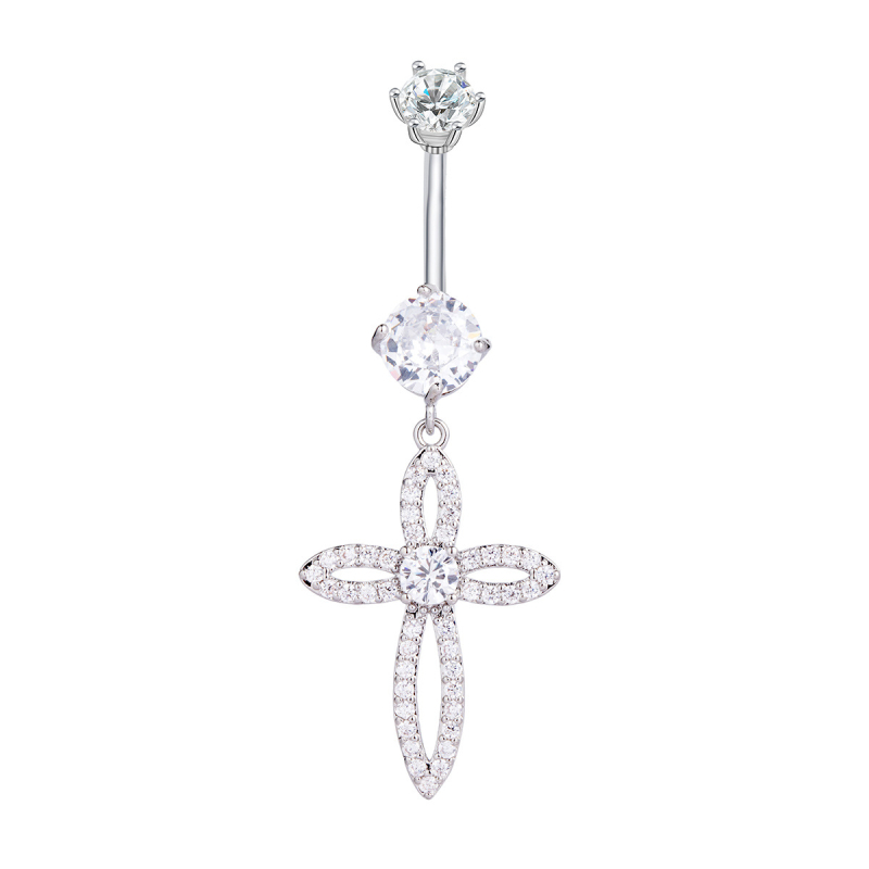 Inel de piercing pentru buric cu cruce din zircon micro-incrustat, oțel inoxidabil 316L, stil zână, design geometric