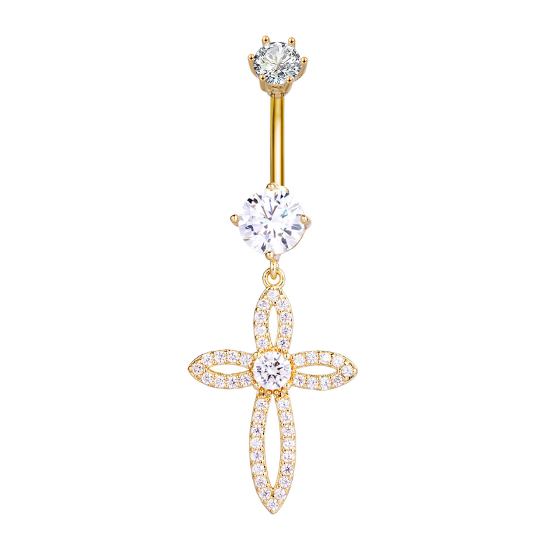 Inel de piercing pentru buric cu cruce din zircon micro-incrustat, oțel inoxidabil 316L, stil zână, design geometric