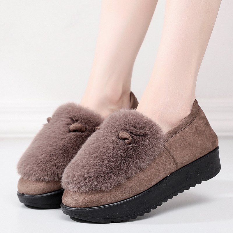 Dámske bavlnené topánky s hrubou PU podrážkou, vrchný materiál Xishi velúr, vnútorná výstelka z krátkeho umelého kožušiny, bez šnúrok, zimné