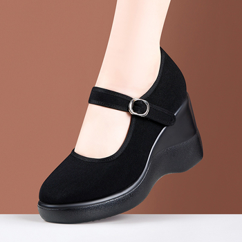 Dámske kanvasové tenisky s klinom na bežné nosenie — priedušné, ľahké, protišmyková podrážka, výška podpatku 6–8 cm, okrúhla špička, zapínanie na pracku