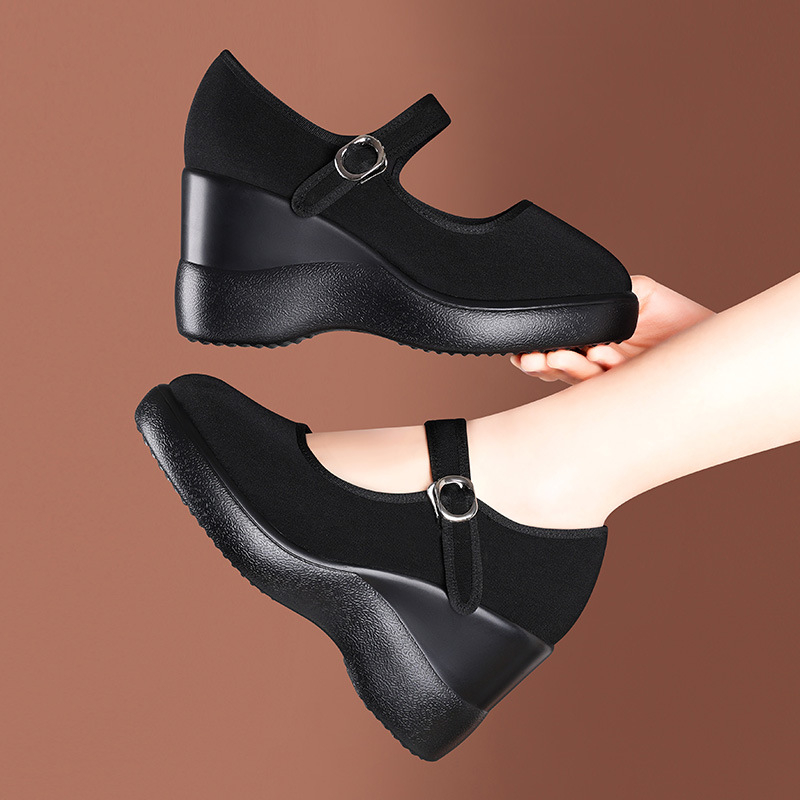 Dámske kanvasové tenisky s klinom na bežné nosenie — priedušné, ľahké, protišmyková podrážka, výška podpatku 6–8 cm, okrúhla špička, zapínanie na pracku