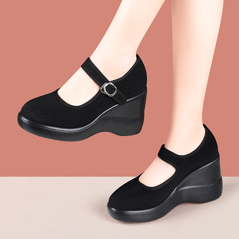 Dámske kanvasové tenisky s klinom na bežné nosenie — priedušné, ľahké, protišmyková podrážka, výška podpatku 6–8 cm, okrúhla špička, zapínanie na pracku