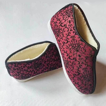 Dámske domáce topánky z bavlneného materiálu, bez šnúr, vysoký horný diel, okrúhla špička, bavlnená výstelka, viacvrstvová podrážka