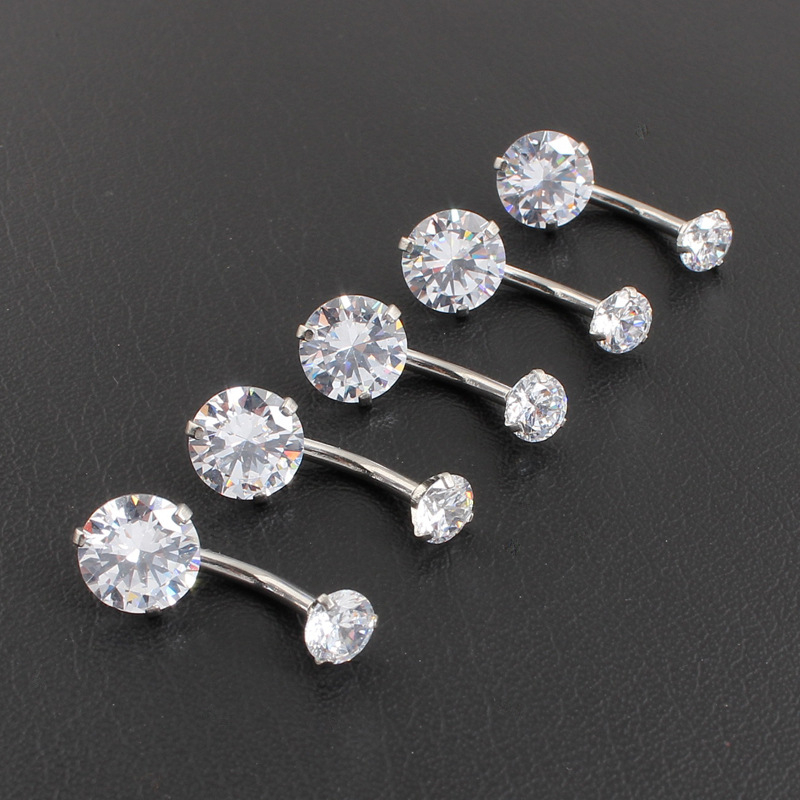 Pupočník krúžok, nerezová oceľ, vnútorný závit, okrúhly klip, dvojitý zirkón, nealergický