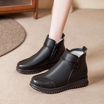 Dámske zimné kožené krátke čižmy s flísovou podšívkou, bočné zips, nízky klin, PU podrážka (Pravá koža, Flísová podšívka, Bočné zips, 1–3 cm podpätok, PU podrážka)