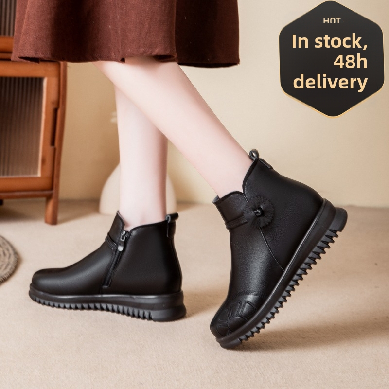 Dámske zimné kožené krátke čižmy s flísovou podšívkou, bočné zips, nízky klin, PU podrážka (Pravá koža, Flísová podšívka, Bočné zips, 1–3 cm podpätok, PU podrážka)