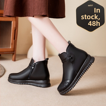 Zimné dámske topánky z pravej kože, pre stredný a starší vek, bočný zips, podšívka z plyšu, nízky podpätok, PU podrážka