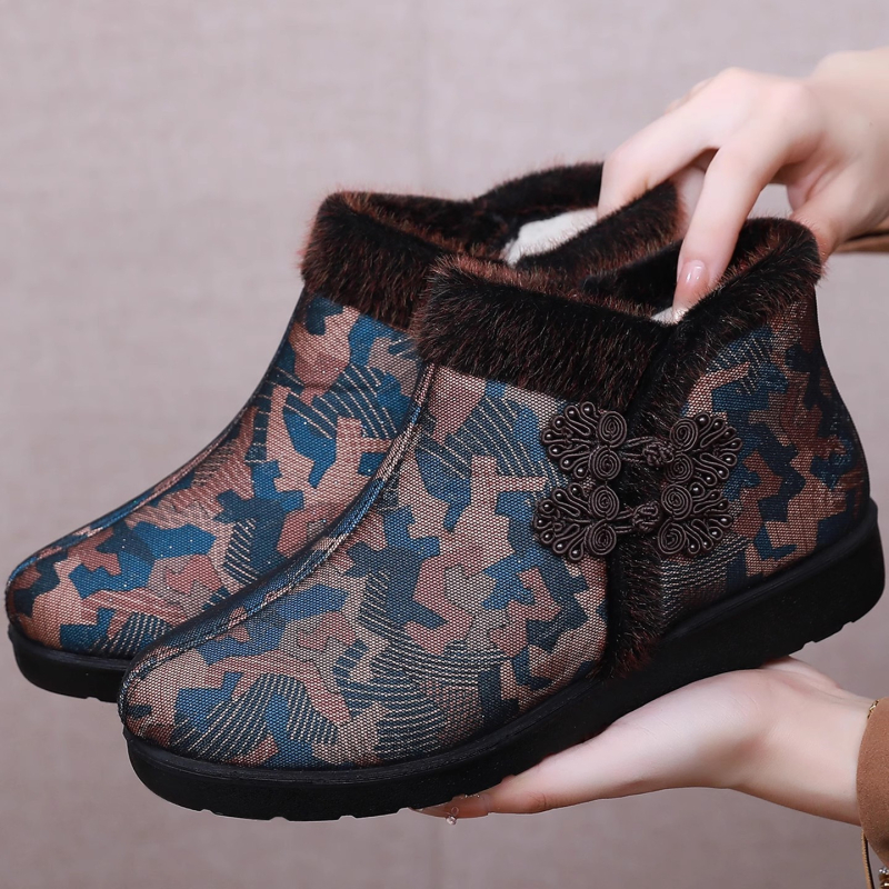 Dámske zimné bavlnené topánky s výstelkou z umelej plyše, bočný zips, vysoký vrch, plochá podrážka (Vonkajší materiál: bavlna; Vnútorný materiál: umelý plyš; Zatváranie: bočný zips; Výška vrchu: vysoký; Tvar špičky: guľatý)