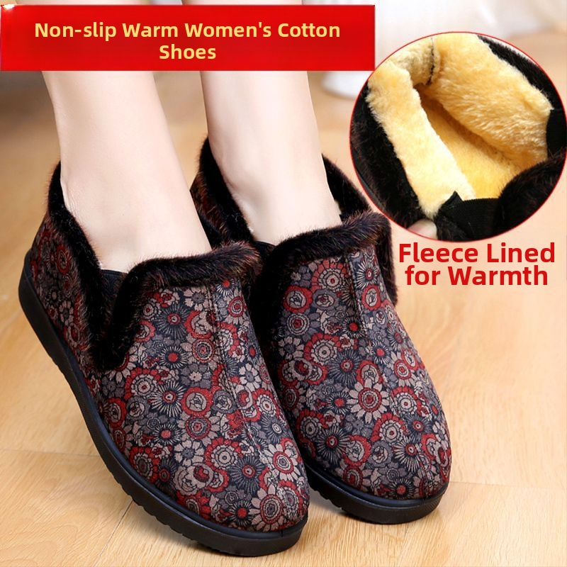 Dámske zimné bavlnené topánky s fleecovou podšívkou, protišmyková PU podrážka, okrúhla špička, slip-on