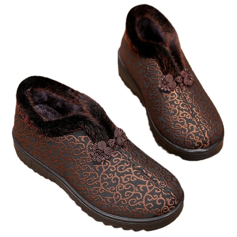 Zimné dámske bavlnené topánky s velúr vrchnou, kvetinový vzor, plyšová výstelka, podrážka z peny, zapínanie prackou