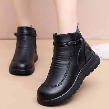 Dámske kožené zimné členkové čižmy s vnútornou vlnou, bočný zips, nízky podpätok, PU podrážka