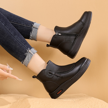 Zimné kožené členkové čižmy s vlnenou podšívkou pre ženy stredného veku a staršie, ľahké, protišmykové, PU podrážka, vnútorný zips, nízky podpätok, model A901