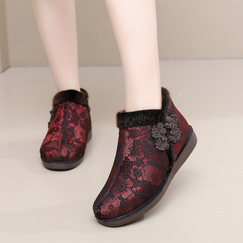 Ženské zimné vysoké látkové tenisky s teplou podšívkou, kvetinový vzor, kruhová špička, zipsové zapínanie