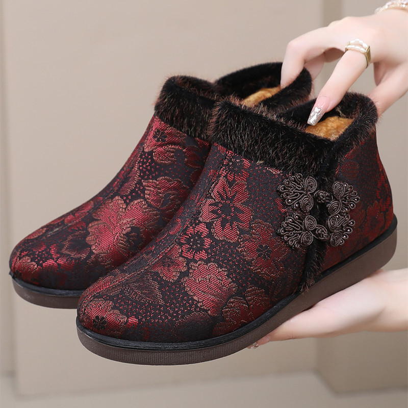 Ženské zimné vysoké látkové tenisky s teplou podšívkou, kvetinový vzor, kruhová špička, zipsové zapínanie