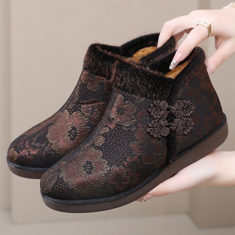 Ženské zimné vysoké látkové tenisky s teplou podšívkou, kvetinový vzor, kruhová špička, zipsové zapínanie