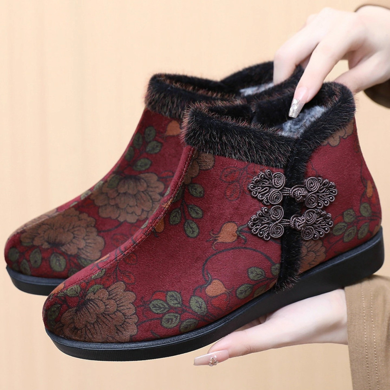 Zimné dámske textilné topánky s plyšovým podšitím, kvetinový vzor, guľatý špička, zips, protišmyková mäkká podrážka