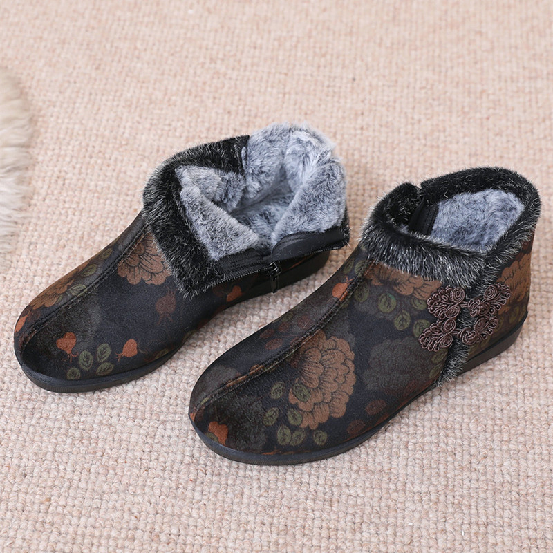 Zimné dámske textilné topánky s plyšovým podšitím, kvetinový vzor, guľatý špička, zips, protišmyková mäkká podrážka