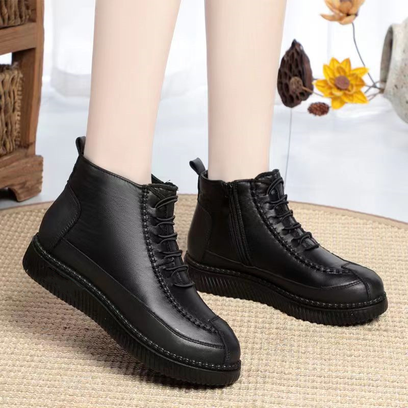 Dámske zimné bavlnené topánky s flísovou podšívkou, protišmyková mäkká podrážka, bočný zips, teplé, nízky podpätok