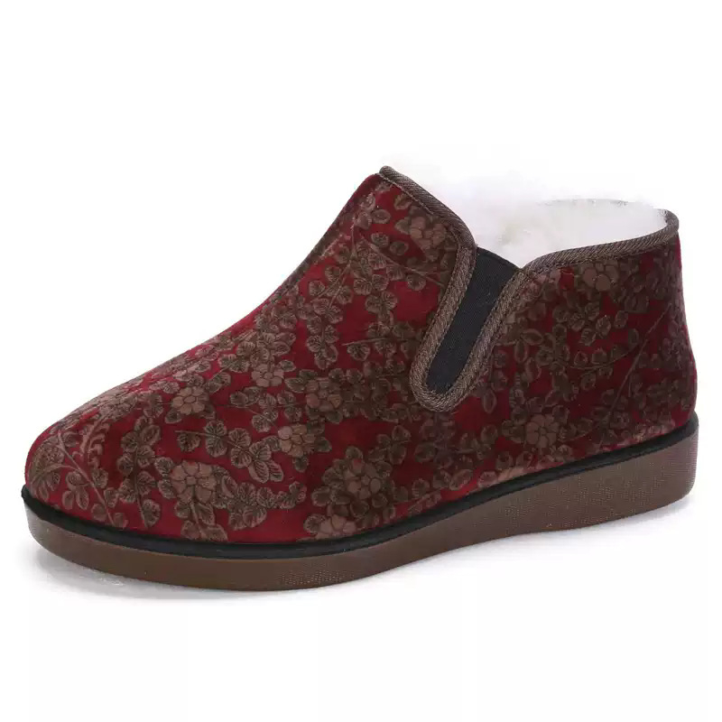 Dámske bavlnené topánky s vysokým vrchným dielom a vlnenou stielkou – zimná pohoda, kvetinový vzor, okrúhla špička