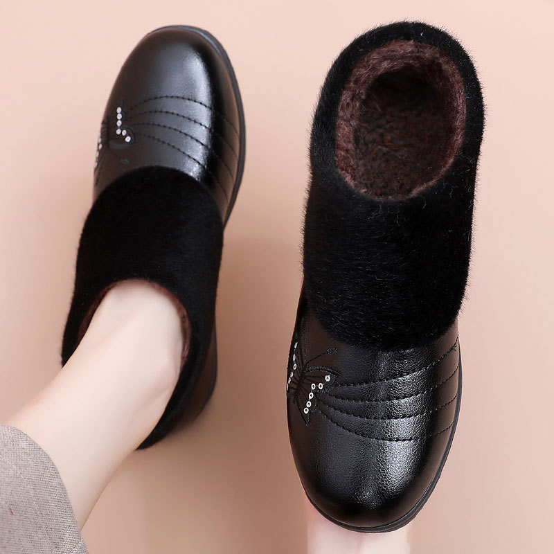 Ženské zimné bavlnené topánky – kvetinový vzor, slip-on dizajn, textilná podšívka z umelého plyšu, PU podrážka, nízka päta 1–3 cm