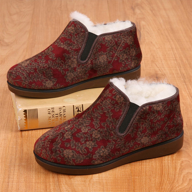 Ženské bavlnené topánky na zimu, vysoký vršok, vnútorná vlna, kvetinový vzor, okrúhly nos