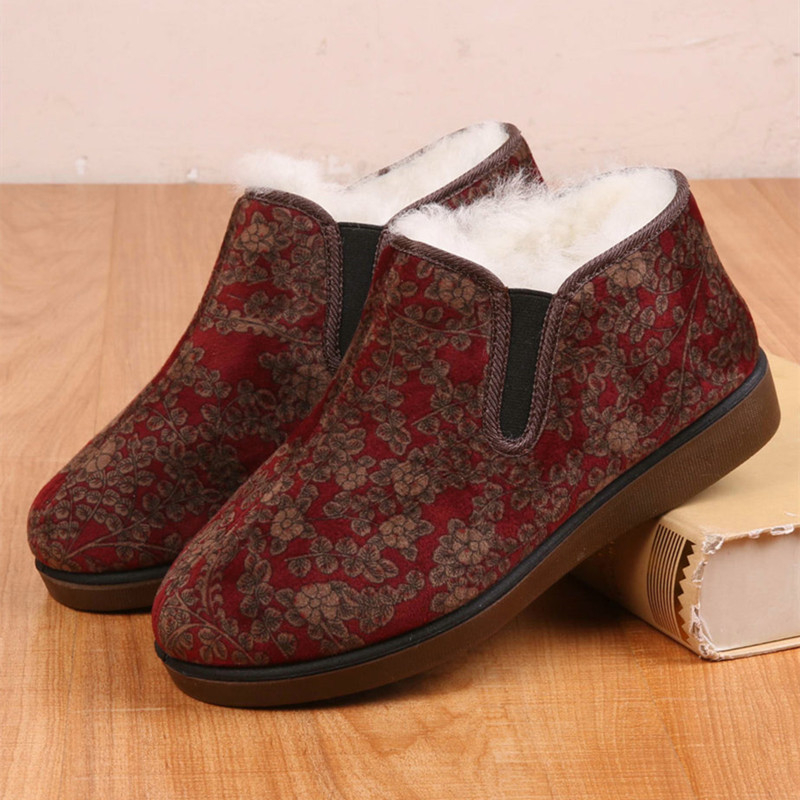 Dámske bavlnené topánky, s vysokým horným dielom, vlnená podšívka, kvetinový vzor, guľatá špička, nízky podpätok 1–3 cm