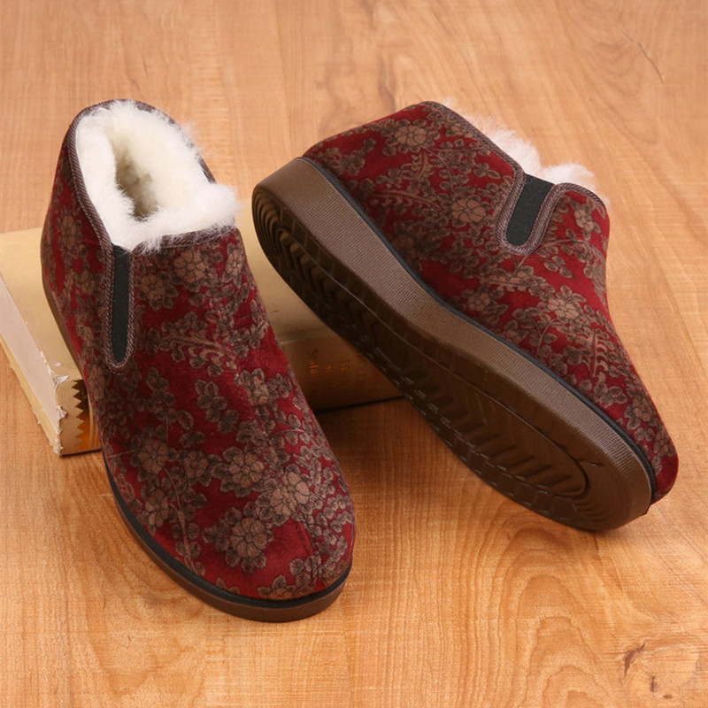 Dámske bavlnené topánky, s vysokým horným dielom, vlnená podšívka, kvetinový vzor, guľatá špička, nízky podpätok 1–3 cm