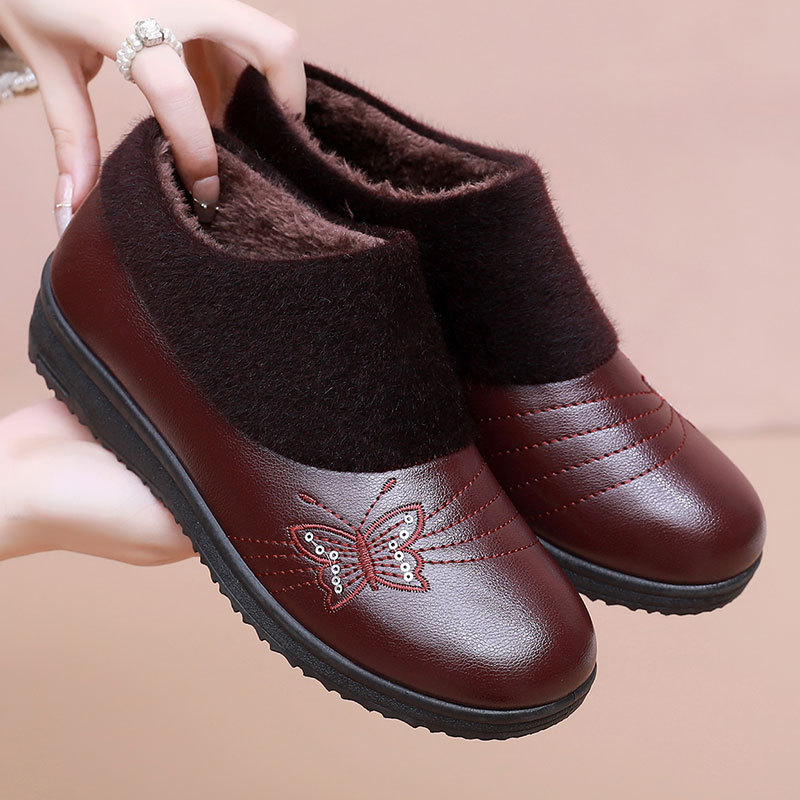 Dámske zimné bavlnené papuče slip-on, vodeodolné a teplé, kvetinový vzor, PU vrchná časť, plyšová podšívka, protišmyková podrážka