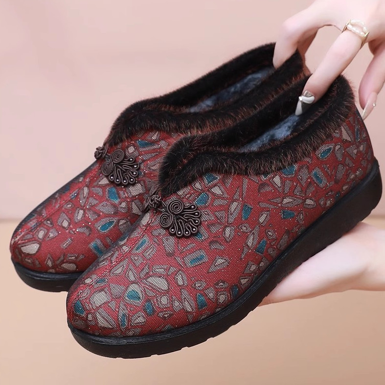 Zimné dámske bavlnené topánky, plochá päta, okrúhla špička, bavlnená vrchná časť, vnútorná plyšová výstelka