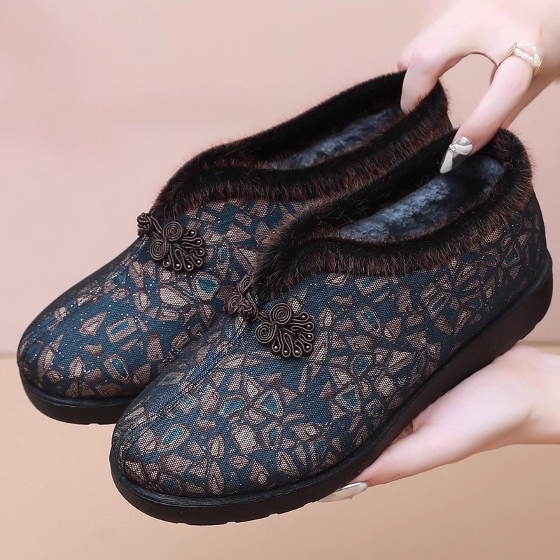 Zimné dámske bavlnené topánky, plochá päta, okrúhla špička, bavlnená vrchná časť, vnútorná plyšová výstelka