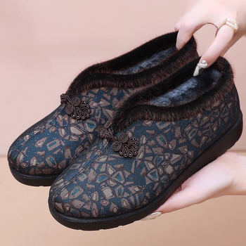 Ženské zimné bavlnené topánky s teplou podšívkou, nízky horný diel, okrúhla špička, kvetinový vzor, protisklzová podrážka