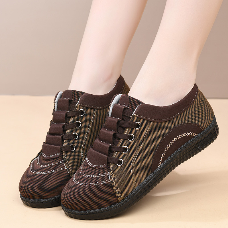 Dámske ľahké plátenné topánky, protišmyková gumená podrážka, nízky plochý podpätok, na šnúrky, priedušná textilná stielka