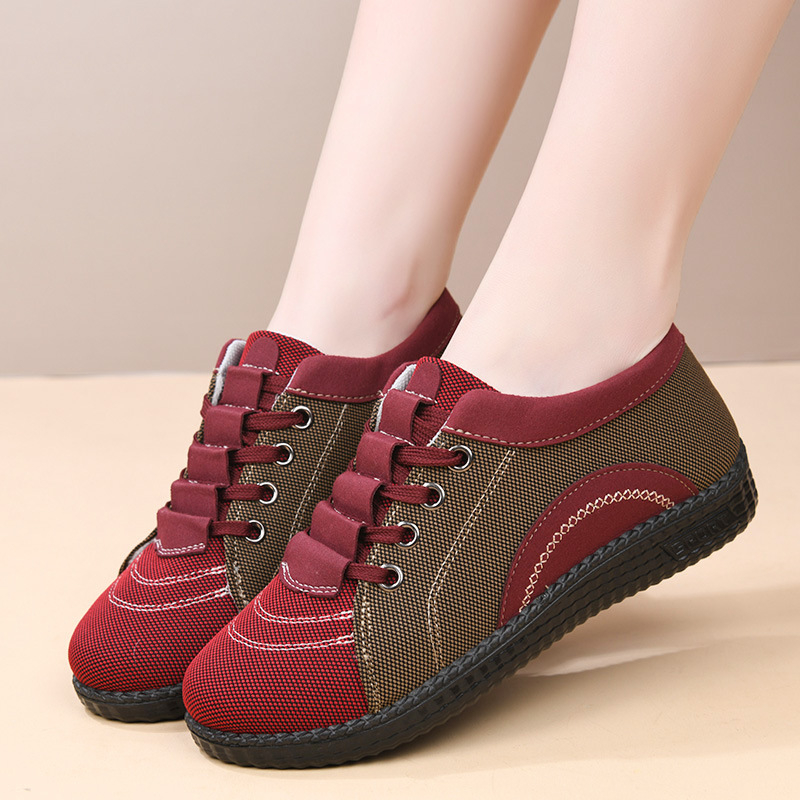 Dámske ľahké plátenné topánky, protišmyková gumená podrážka, nízky plochý podpätok, na šnúrky, priedušná textilná stielka