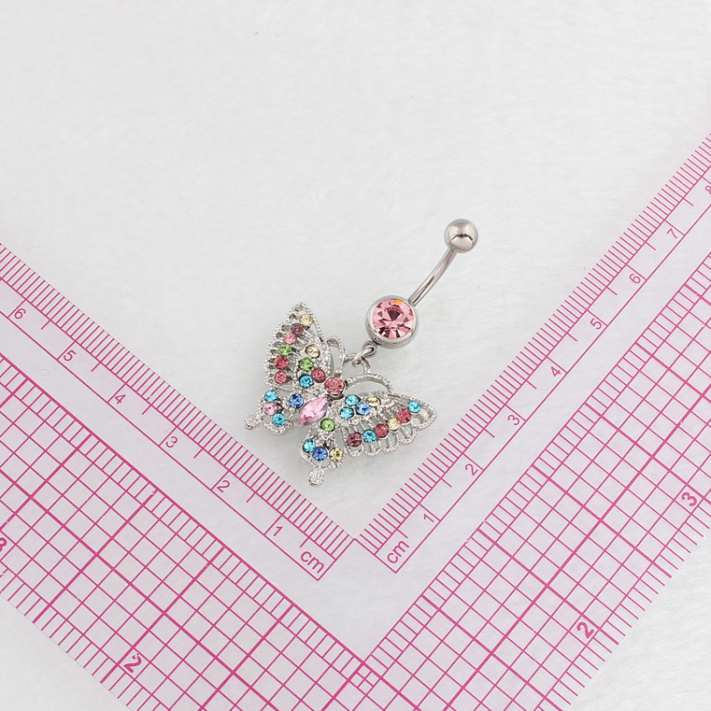 Pupočník prsteň s motýľovým príveskom, diamantové osadenie, kov, zakrivená tyč, DIRUO