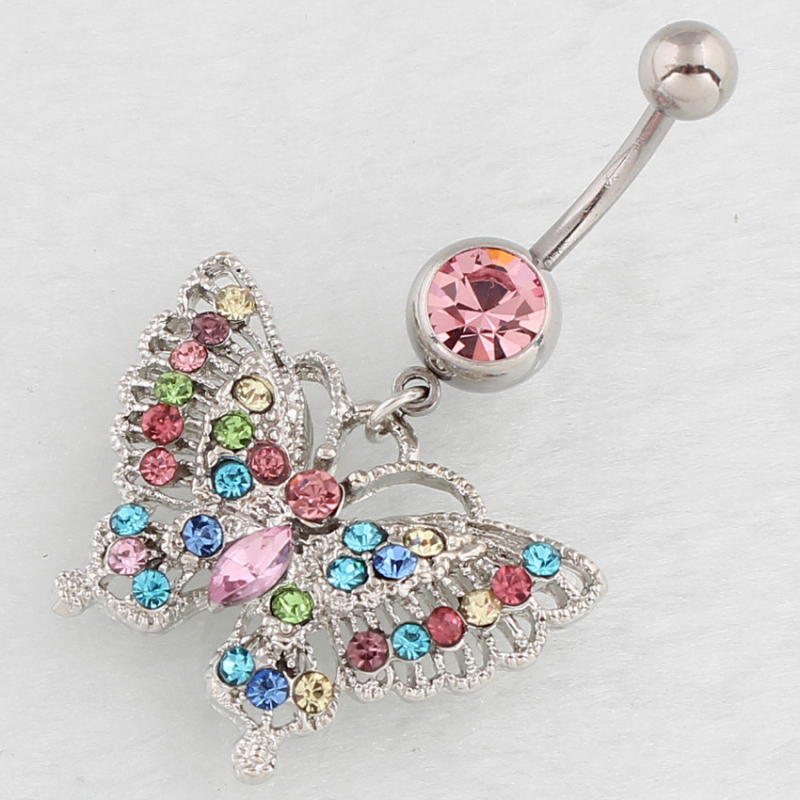 Pupočník prsteň s motýľovým príveskom, diamantové osadenie, kov, zakrivená tyč, DIRUO