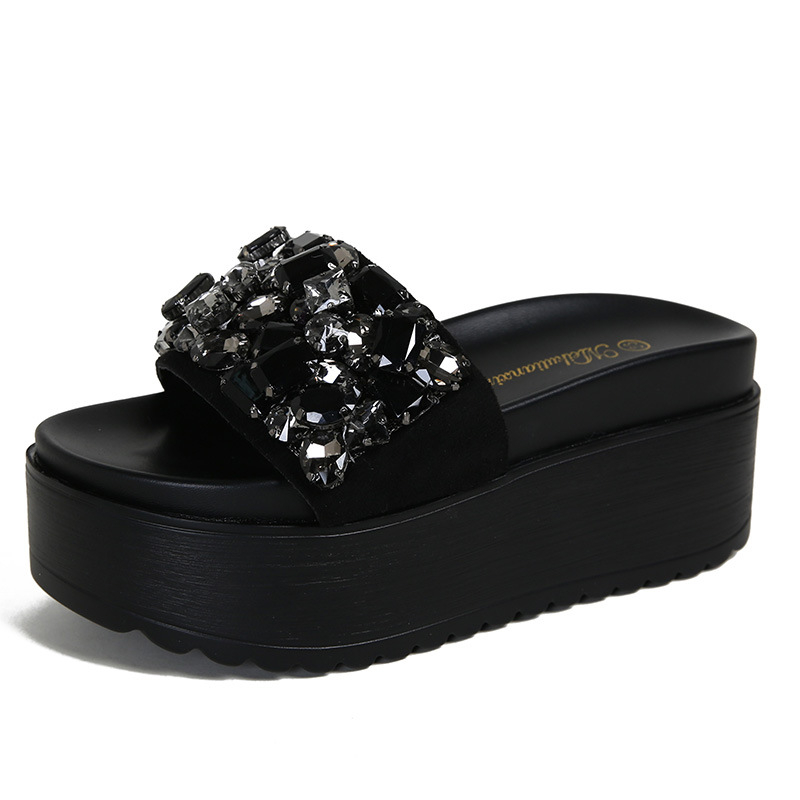Ženské platformové sandále so štrasovými kamienkami, vrchný materiál: hovädzia koža, okrúhla špička, gumová podrážka, PU podšívka, leto 2024