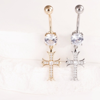 Meďový pupočný prsteň, kórejský štýl, kríž so zirkónom, perforovaný dizajn