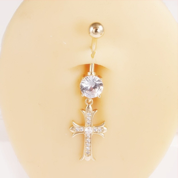 Meďový pupočný prsteň, kórejský štýl, kríž so zirkónom, perforovaný dizajn