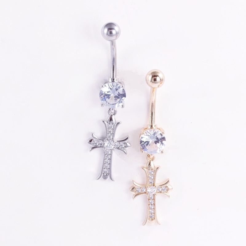 Meďový pupočný prsteň, kórejský štýl, kríž so zirkónom, perforovaný dizajn